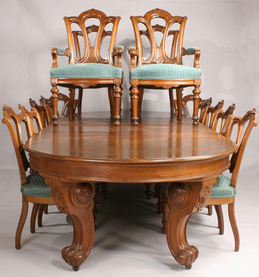 A Renaissance Revival dining table and 14 chairs was originally purchased by C.J. McClung, one of Knoxville's ‘merchant princes.’ With eight leaves, the table extents to 16 feet.  (Est. $4,500-$5,500). Image courtesy of Case Antiques.